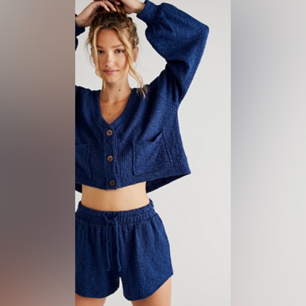 Free People FP Beach Oasis Cropped Cardigan Blue Midnight Hour Size S